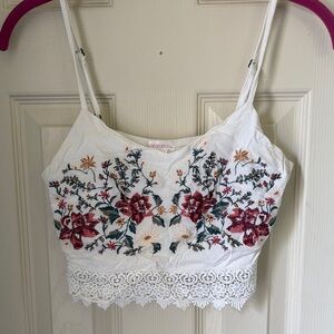 Xhilaration White Cropped Cami with Floral Embroidery
